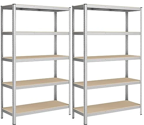 SONGMICS Juego de 2 Estanterías Almacenaje de 5 Niveles, Estantería Metálica, Modular, Garaje, Almacén, Trastero, Cocina, Carga de 750 kg, 60 x 120 x 200 cm, Plata GLR060E02