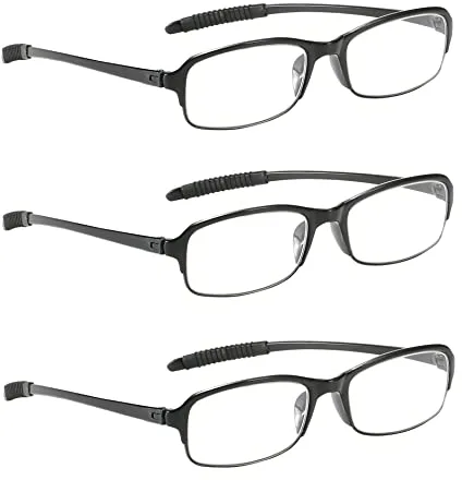 NRDIK PROFLEX Gafas de lectura flexibles (paquete de 3), antichoques, antiarañazos, antideslizantes, unisex (mujeres y hombres) (Oval; BLK; +1.5)