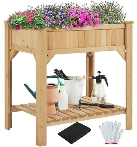 Yaheetech Huerto Urbano Exterior Mesa de Cultivo de Madera Abeto con 8 Compartimentos 91,5 x 62 x 92,5 cm con Guantes para Jardín Terraza Balcón Marrón Claro