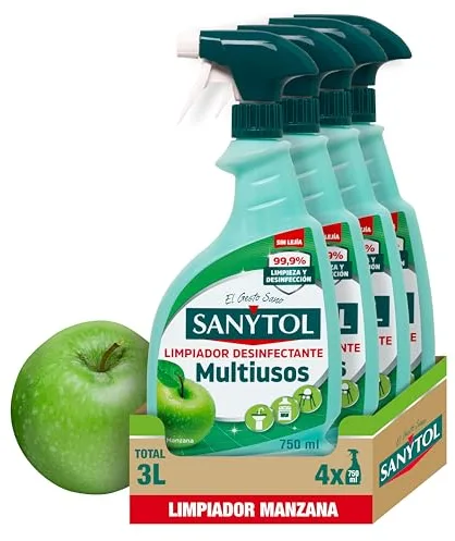 Sanytol - Limpiador Desinfectante Multiusos Manzana, Elimina el 99,9% de Gérmenes, Eficaz contra Bacterias, Hongos y Virus, Sin Lejía, No Mancha Textiles, Testado Dermatológicamente - 4 x 750 ml