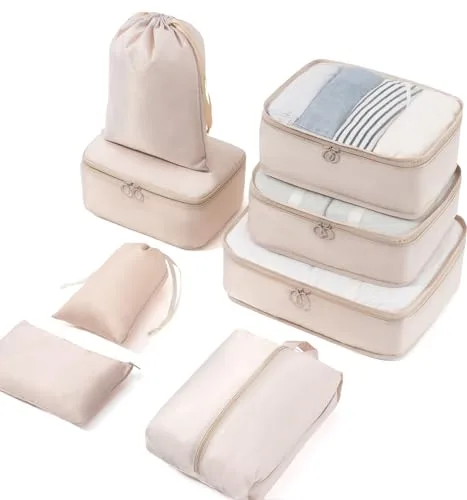 Meowoo Organizador de Equipaje 8 en 1 Set Organizador de Maletas Impermeable Viaje Packing Cubes con Bolsa de Zapato, Material Nylon (Beige 8pcs)