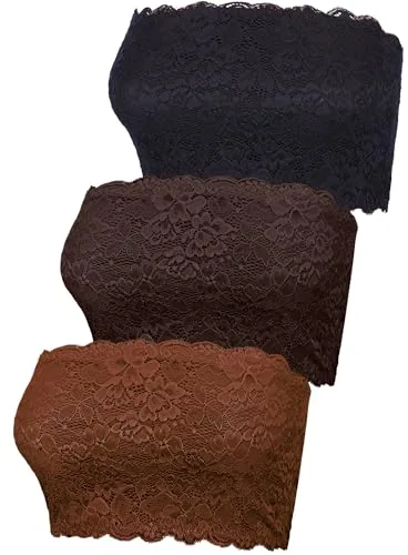 BOAO 3 Piezas de Brasier de Encaje Floral para Mujer, sin Tirantes, sin Costuras, elástico en el Pecho, Negro, marrón Oscuro, Caramelo, Medium