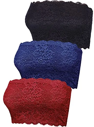BOAO 3 Piezas de Brasier de Encaje Floral para Mujer, sin Tirantes, sin Costuras, elástico en el Pecho, Negro, Azul Marino, Rojo Vino., X-Large