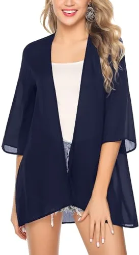 Irevial Cardigan Kimonos Mujer Playa Manga 3/4 Chaqueta Kimono Ligera Sólido Chal Bikini Cover Up Sexy para Vacaciones Fiesta Verano Rosa, XL
