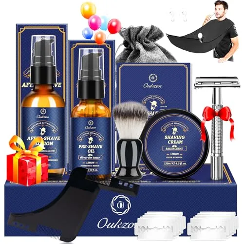 Kit Barba Cuidado Barba Hombre, Set Afeitado Hombre con Aceite Barba, Crema de Afeitar, Loción de Cuidado, Cepillo, Peine, Babero, Afeitadora Clásica y 10 Hojas, Mejor Regalos para Papa y Novio