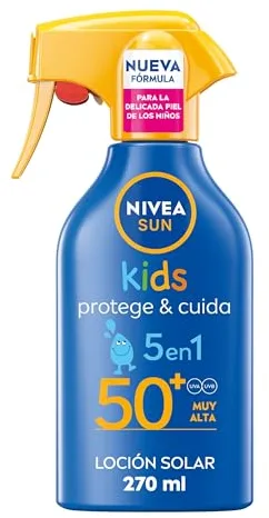 NIVEA SUN Protege & Cuida Kids - Spray FP50+ - Protector Solar Infantil - Protección UVA/UVB Alta - Resistente al Agua - Hidratación Profunda - Aplicación Sencilla - Piel Sensible Para Niños - 270 ml