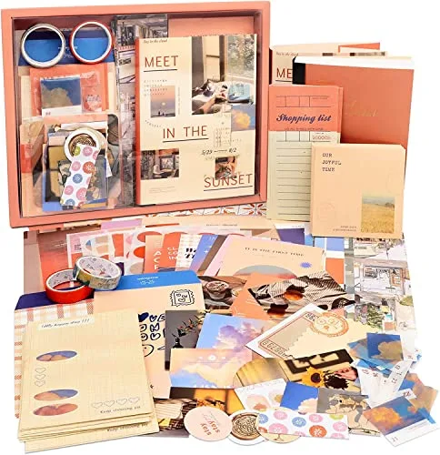 Draupnir 348 Pieza Estética Scrapbook Accesorios Kit, Bullet Junk Journal Kit con Diario DIY Scrapbook, Cuaderno A6 Cuadrícula, Regalo para Adolescentes y Niños - Puesta de Sol