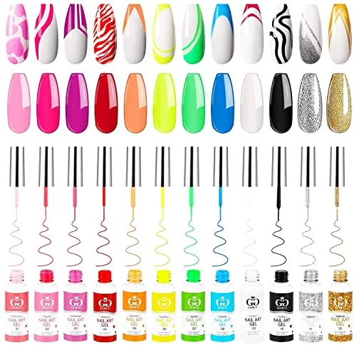 GOICC Gel Liner Nail Polish Pen 12 Colores Esmalte de Uñas Set de Diseño de Color para Uñas de Gel Integrado Delgado Nail Art Polish Kit Inicio Pintura para Líneas de Dibujo