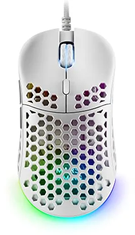 Mars Gaming MM55, Ratón Gaming RGB Chroma, Ultra-Ligero 55g, Sensor Óptico 12800 dpi, Switches Mecánicos Programables HUANO, Cable Paracord, Blanco