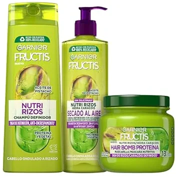 GARNIER Fructis, Pack Champú, Mascarilla y Crema sin Aclarado para Pelo Rizado u Ondulado, con Aceite de Pistacho y Pectina de Fruta, Set de 3 Productos