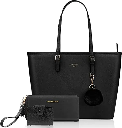 URAQT Bolsos Grandes de Mujer, Señoras Tote Hombro, para Universidad, para Portatil 15.6 Pulgadas, Viene con uno Monedero, Bolso Shopper Cuero, Negro, Impermeable, Ligero