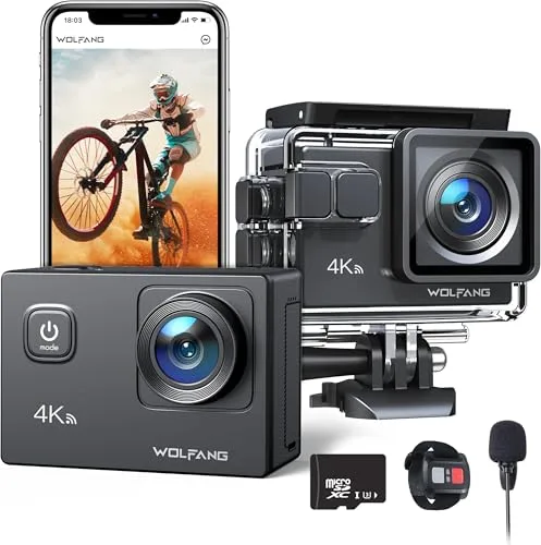 WOLFANG Cámara Deportiva 4K 30FPS GA100 con 32GB MicroSD 20MP Cámara Subacuática Impermeable 40M, Videocámara WiFi con Micrófono Dual, 170° Gran Angular, EIS, Varios Cámara Deportiva Accesorios