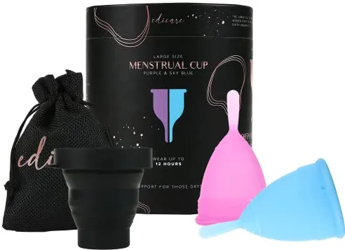 Edicare, Copa Menstrual, Incluye dos Copas, 1 Esterilizador y una Bolsa de Transporte, Silicona de Grado Médico, Suave, Reutilizable y Lavable 100% Seguro (L - Special Edition)