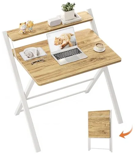 GreenForest Escritorio Plegable con Estante del Monitor, Escritorio de Oficina deTamaño Pequeño sin Montaje, Escritorio Pequeño para Espacio Pequeño, Beige