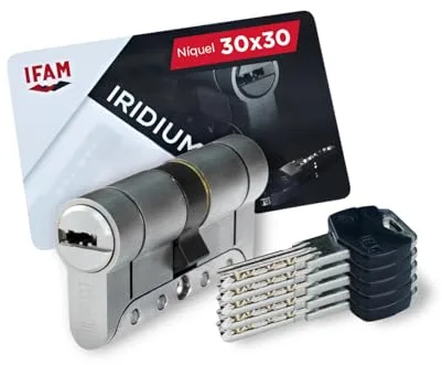 IFAM Cilindro Puertas Iridium, 30x30mm, Leva 15mm, Bombin Cerradura Seguridad, 5 Llaves, Doble Protección Antirotura, Antitaladro y Antiganzúa, Doble Sistema Antibumping, Perfil Europeo, Color Níquel