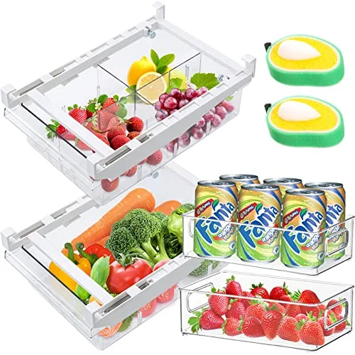 JOYBOY Organizadores de Cajones Frigoríficos, 4 pcs Caja de Almacenamiento para Frigorífico, Cajón Estante Nevera Organizador Retráctil para Cocina Armarios Fruta Vegetal etc