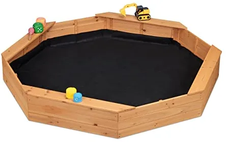 Relaxdays Arenero Niños, Octogonal, 4 Bancos, con Forro, 22,5 x 160 x 160 cm, Cajón de Arena, Madera de Abeto, Natural