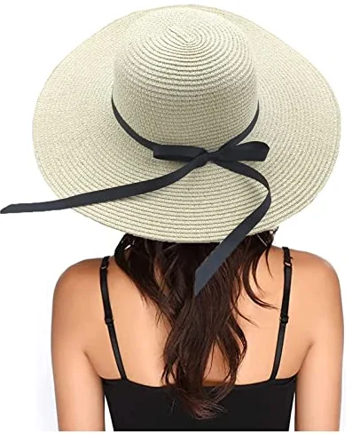 Sombrero De Paja para Mujer, Sombrero De Paja De ala Ancha De Verano Plegable Ajustable con Lazo, Sombrero De Playa para Mujer para Playa, Vacaciones, Actividades Al Aire Libre (Beige)