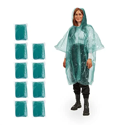 Relaxdays Set de 10 Chubasqueros, Capa Lluvia Capucha, Poncho Impermeable Desechable, Hombre y Mujer, PE, Verde