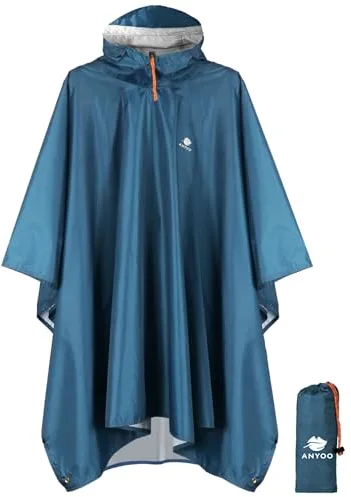 ANYOO Poncho de Lluvia de Ripstop transpirante Ligero a Prueba de Agua Multiuso Impermeable Capa de Lluvia con Capucha de Lona de Tienda de Campaña para el Aire Libre Campamento Excursionismo-Azul