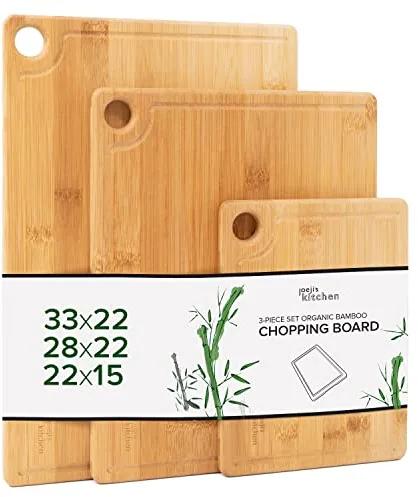 Joeji's Kitchen Juego de 3 Tablas de Cocina - Tablas de Cortar Cocina de 100% Madera Bambú - Ranura y Agujero para Colgarla - Eco Resistente e Naturalmente Antimicrobiano - Diferentes Tamaños