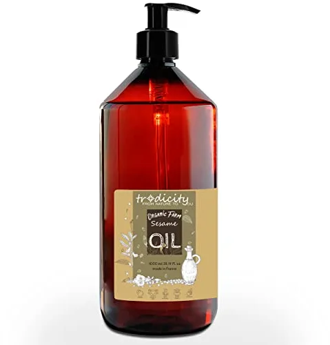 Aceite de Sésamo BIO 100% Puro y Natural extraído de la presión en frío de las semillas de sésamo. Certificado Ecológico. Cuidado de la piel y del Cabello. Aceite Masaje Ayurveda - 1000 ml 1 L