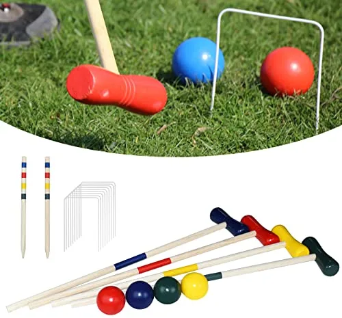 XMTECH Krocket Spieler, Krocket, jugador y adultos, Croquet de madera para 4 jugadores con piquetas, niños y adultos, juego completo con piquetas, Wickets y bolas, juguete de madera para jardín