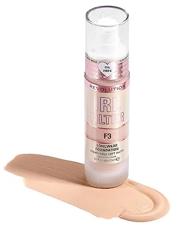 Makeup Revolution, IRL Filter, Fondotinta Longwear, Copertura da media a totale, Finitura opaca, Durata 16 ore, F3, Toni della pelle da chiari a chiari, 23ml