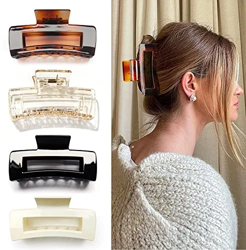 Kavya 4 pinzas para el pelo grandes, de plástico, rectangulares, pinzas antideslizantes para el pelo con estampado de leopardo, adecuadas para mujeres, pelo largo y grueso (B)