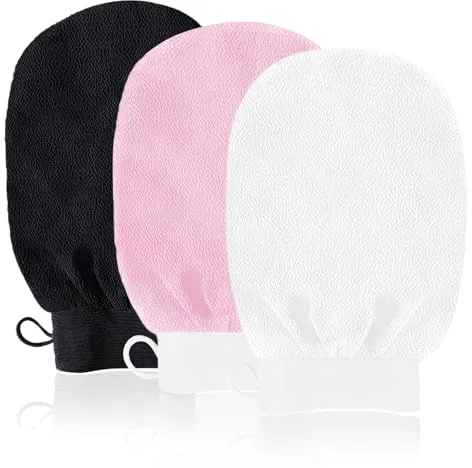 URAQT Guante Exfoliante Corporal, 3pcs Manoplas Exfoliantes, Guante Crin Ducha Unisex, guantes de ducha, Exfoliante Ducha en Belleza, accesorios de baño para Limpiar Euerpo, color negro, rosa, blanco