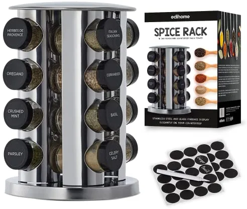 edihome, Especieros para Cocina, 16 Botes Especias, con Tapas y dosificadores individuales, Organizador, Giratorio, 360º, con Etiquetas para los Frascos
