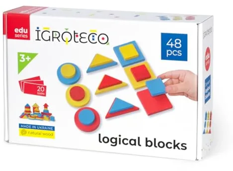 Igroteco® Bloques de Madera Lógicos para Niños a Partir de 3 años – Set Educativo de 48 Piezas Multicolor para Desarrollo de Pensamiento Creativo, Geometría y Concentración