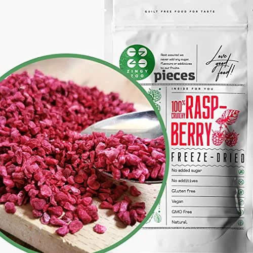 Frambuesa Deshidratada Pezzi | Fruita Pura Frambuesas Liofilizadas | Freeze Dried Fruit | Liofilizado Frambuesas Frescas | Fruta Liofilizada Bocadillo de Frutas | Raspberry Pieces ZingyZoo (100g)