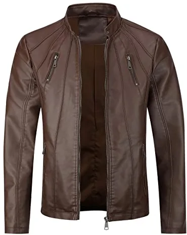 Sliktaa Chaqueta casual para hombre con cuello alto, suave y cálida, bomber de piel sintética, cortavientos, Marrón1, M
