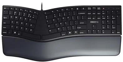 Cherry KC 4500 Ergo, Teclado Ergonómico, Distribución de Teclado Español (QWERTY), con Cable, Reposamuñecas Acolchado con Espuma de Memoria, Teclado Curvo, Negro