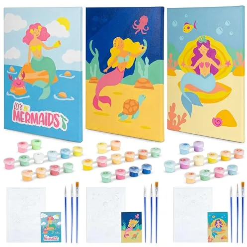 BONNYCO Pintar por Numeros Niños Sirenas, Pack 3 Lienzos. Kit Manualidades para Niñas, Juguetes y Regalos Niñas. Cuadros para Pintar por Numeros, Set Paint by Numbers Creativo. Sirenas Juguetes