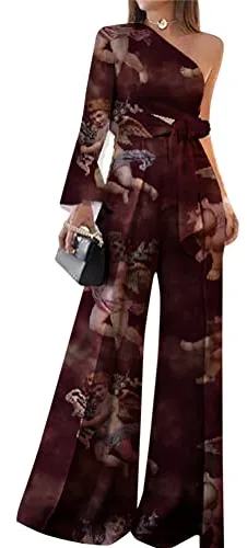 ORANDESIGNE Monos de Vestir Mujer Moda Mono Mujer Verano Largo Elegantes una Sola Manga de Fiesta Mono Impresión Pantalones Anchos de Rectos Jumpsuit Largo Informales C Marrón XS