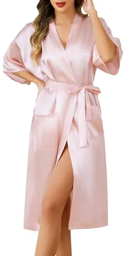 Lovasy Bata de Satén Mujer Largo Sexy Kimono Japones Batas de Casa Mujer Novia y Dama de Honor con Bolsillos y Cinturón,Rosa,XL