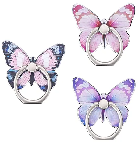 Cobee Soporte de Anillo de teléfono Celular de Mariposa,Soporte de Dedo de Metal Pintado con patrón de Mariposa de 3 Piezas,Soporte de Anillo de teléfono de rotación de 360 °(Azul, Morado, Rosa)