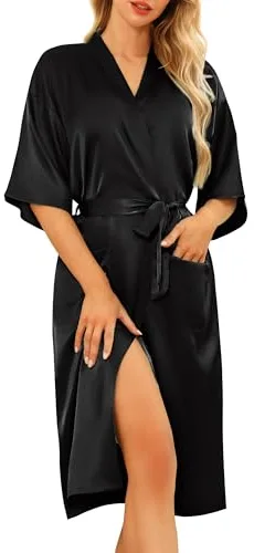 Lovasy Bata de Satén Mujer Largo Sexy Kimono Japones Batas de Casa Mujer Novia y Dama de Honor con Bolsillos y Cinturón,Negro,L
