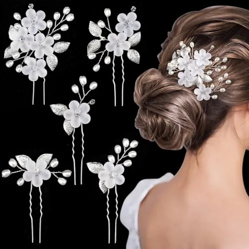 MELLIEX 5 Piezas Horquillas para el Pelo Boda, Perlas Artificiales y Mate Flor Tocados de Novia Accesorios para el Pelo para Boda Fiesta Velada(Plata)