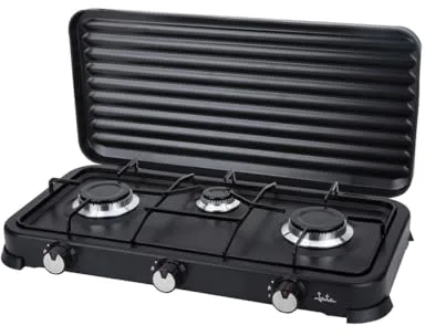 Jata JECG2703 Cocina de Gas portátil de 3 fuego con parrilla, Apta para butano y propano, Tapa protectora extraíble, Ideal para camping, Ocupa poco espacio