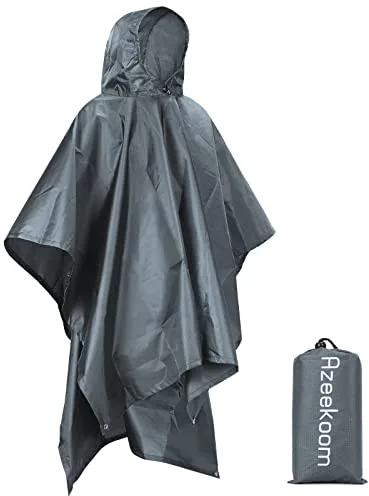 Azeekoom Poncho de Lluvia Impermeable,3 en 1 Multifuncional Chubasquero Transpirable Ultrafino/Toldo Manta/Estera de Camping para Aire Libre Picnic Trekking Camping Senderismo(Gris)