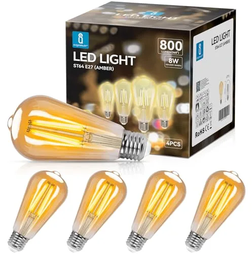 Aigostar ST64 Bombilla Edison Estilo Vintage. Bombilla Led E27 (Casquillo Gordo, 8W (Equivalente A 60W), Bombilla De Filamento Blanco Cálido (2200K). Ángulo De Haz 360º. No Regulable. Pack 4 Uds