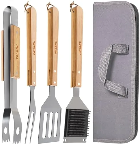 Praknu Accesorios Barbacoa 4 Piezas – Kit BBQ con Bolsa de Transporte – Utensilios Barbacoa de Acero INOX y Madera – Kit Regalo Hombre para Exteriores – Espátula, Tenedor, Cepillo y Pinzas Barbacoa