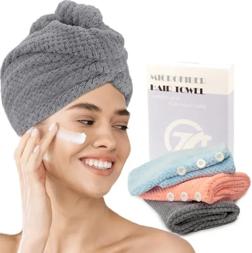 FREATECH 3 Piezas Toalla Microfibra Pelo, Toallas para Secar el Pelo sin Encrespamiento, Menos Secado con Secador, Turbante Pelo Suave y Absorbente con 3 Botones para Cabello Largo, Rizado y Grueso
