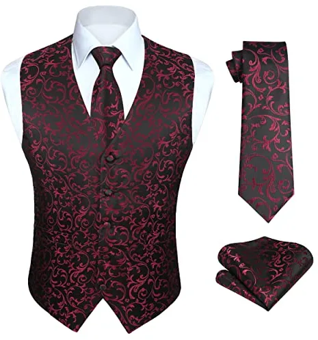 Enlision Chaleco de Vestir Negro-vino rojo Hombre Boda Jacquard Paisley Elegante Chalecos Traje Corbata y Pañuelo Floral de Fiesta S