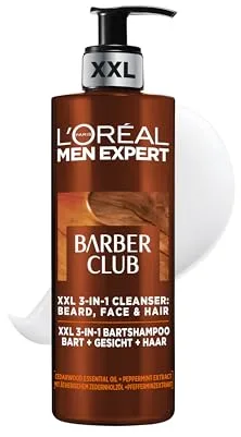 L'Oréal Men Expert Champú para hombres en pack XXL, para barba, cara y cabello, calmante y nutritivo gracias al aceite de madera de cedro, Barber Club, cuidado de la barba