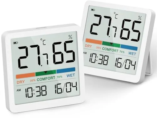 NOKLEAD Termómetro Higrometro Interior - Mini Temperatura Humedad Medidor LCD Digital Termometro Monitor Sensor con Indicador de Confort Fecha Reloj del Berrcom Casa Ambiente Calibración,2 Piezas