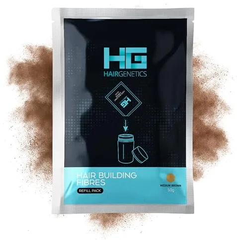 Hair Genetics Fibras Capilares Pack de Recarga – Fibra Capilar Natural para Cabello Fino y Caída del Cabello, Cobertura Instantánea y Volumen para Hombres y Mujeres (Marrón medio 50g)